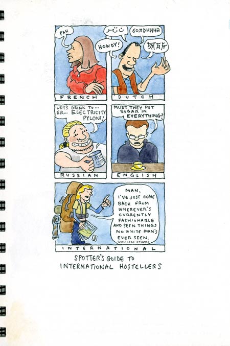 Travel sketchbook diary, London-Singapore by train: cartoon of international hostellers