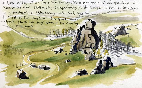 Travel sketchbook diary, London-Singapore by train: Mongolian national park